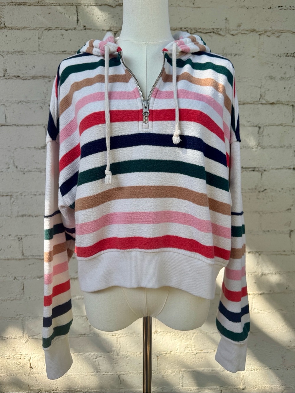 aerie Restart Quarter Zip Hoodie Soft Muslin Stripe Size S - Picture 5 of 13